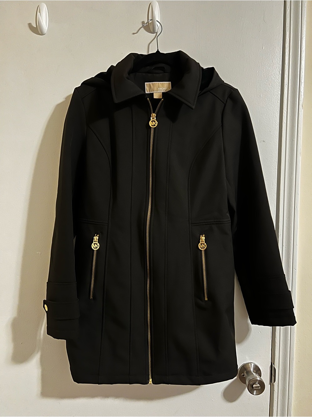 Michael Kors Black Hooded Rain Trench Coat with Gold Zippers size S